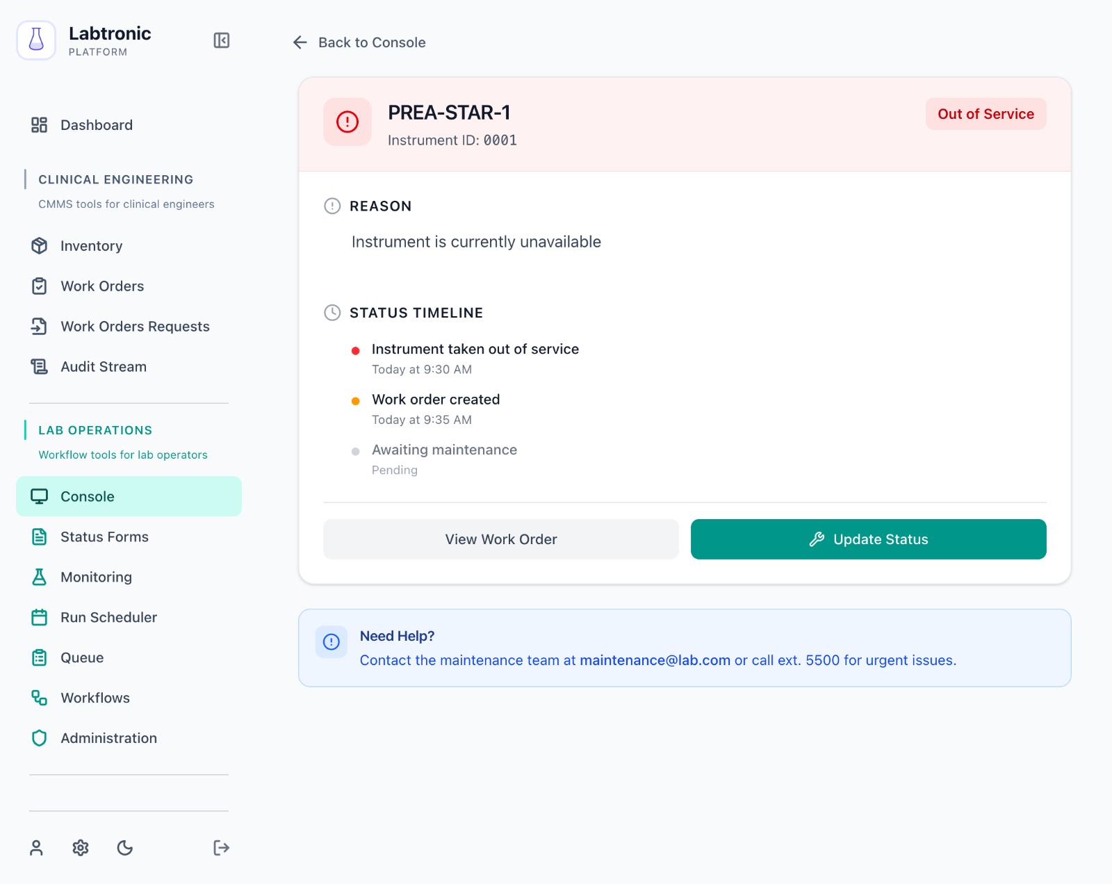 Instrument console and status timeline